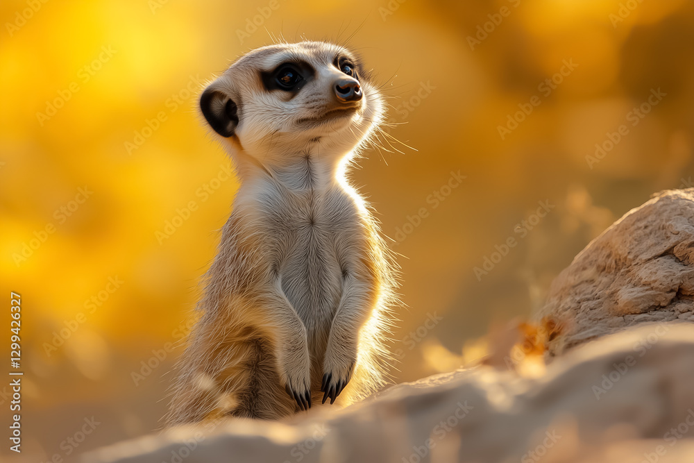 Fototapeta premium In a tranquil desert at sunset, a curious meerkat stands atop its hind legs, peering intently over the rocky terrain. The warm golden light enhances its playful demeanor