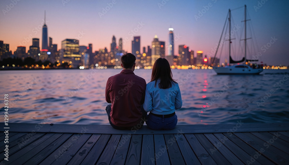 Couple sitting by the waterfront enjoying the city skyline Couple sitting by the waterfront enjoying the city skyline