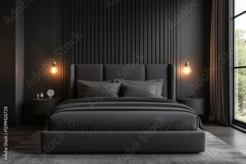 Modern dark bedroom with window view