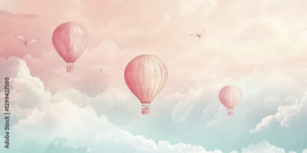 Obraz premium Pastel Pink Hot Air Balloons Soaring Through Dreamy Cloudscape
