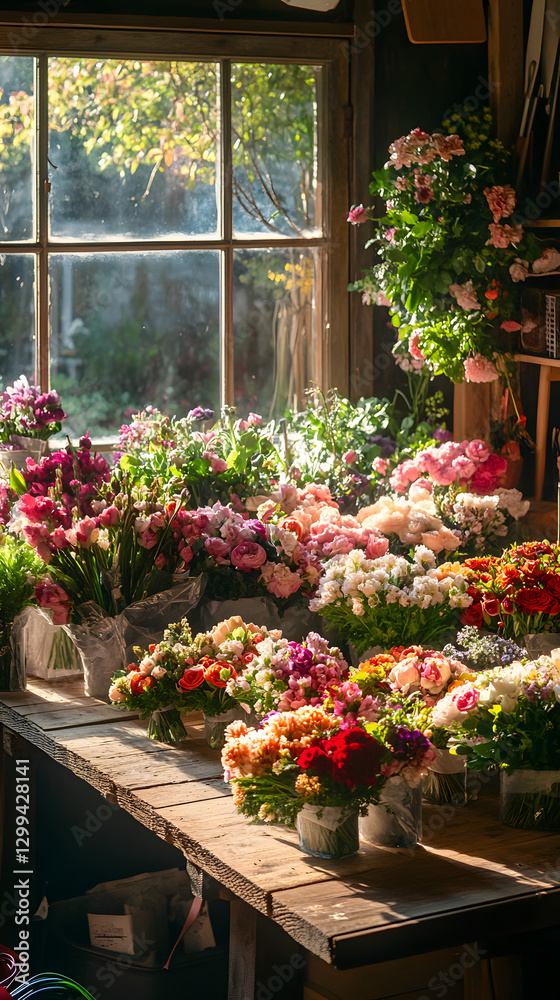 Naklejka premium A vibrant flower shop filled with various bouquets under natural light.