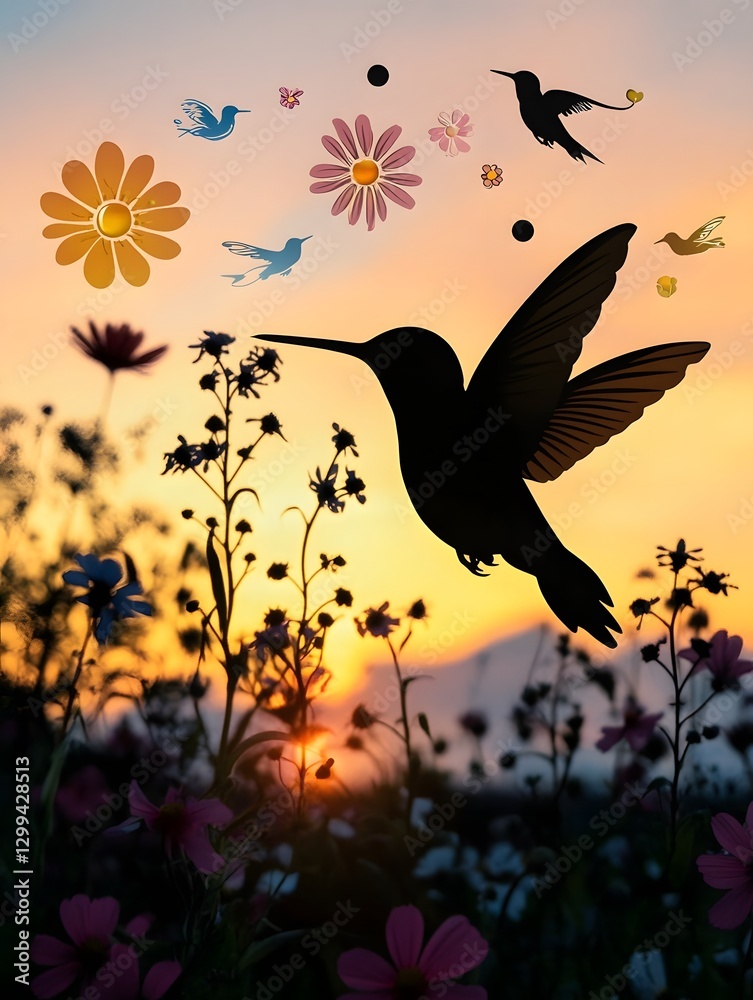 Fototapeta premium Magical Hummingbird Silhouette in Sunset Floral Landscape