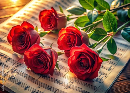 Aerial View: Six Red Roses Arranged on Musical Sheet Music