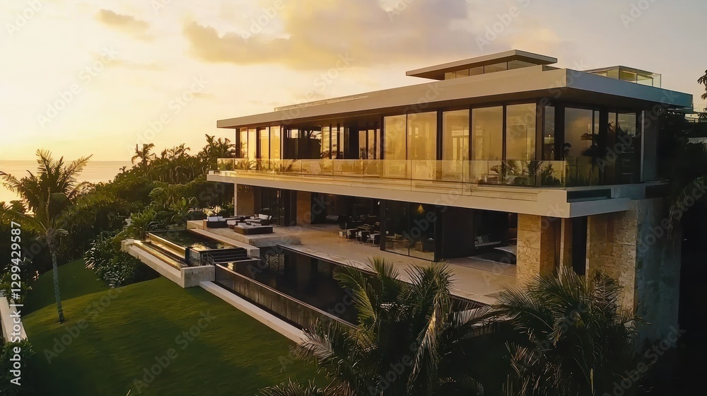Fototapeta premium Modern luxury beachfront villa at sunset.