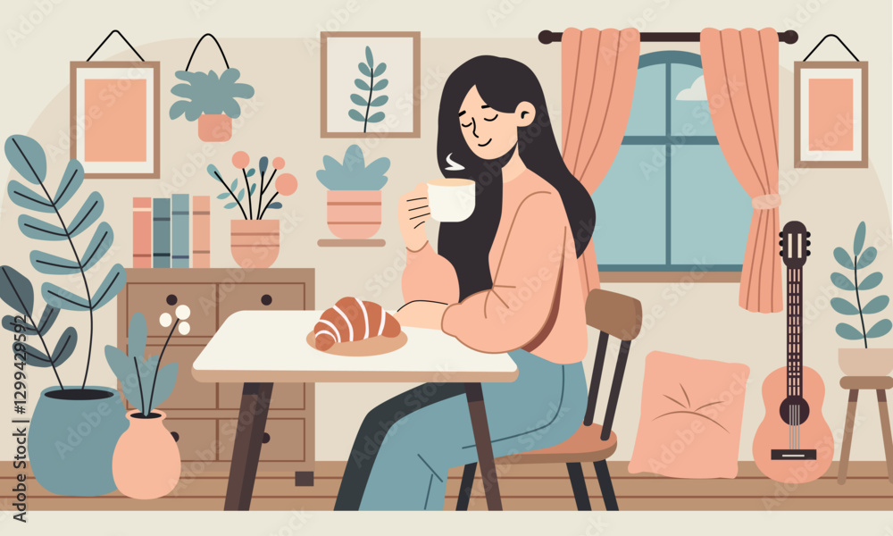 Fototapeta premium Vector illustration of a girl enjoying her morning coffee in a cozy room. A warm atmosphere, pastel tones, Scandinavian interior with plants, books, a guitar, and decor. 