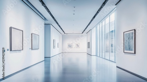 Modern art gallery interior with paintings on walls and glass windows.