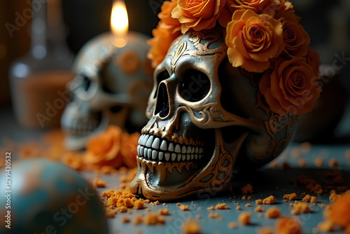 Colorful Dia de Muertos Skull Decorated with Roses and Candles for Celebration photo