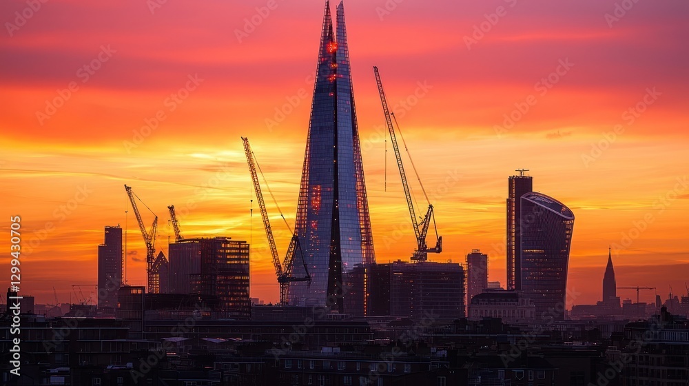 Obraz premium Vibrant sunset over London skyline with skyscrapers and construction cranes.