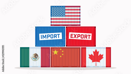 Tarrifs. Shipping containers with the flags of the USA, Mexico, China, and Canada. Import export. Vector illustration.