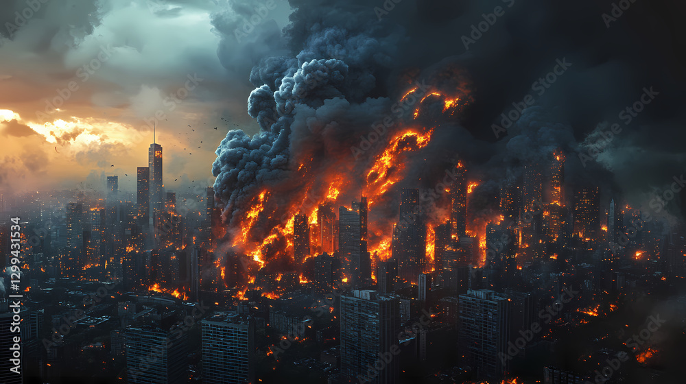 Obraz premium Towering smoke plume rises from burning cityscape, fire, crisis, chaos. Chaos - Storm. Illustration