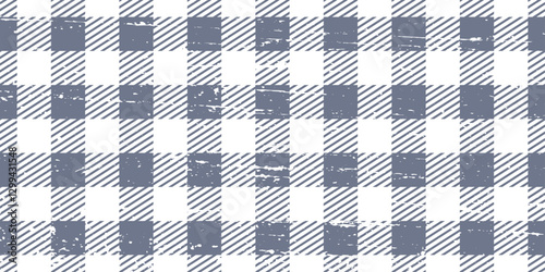 Seamless pattern in gingham. Scottish tartan texture. Checked vichy. Gray and white geometric banner. Checkered pattern with distressed grunge grainy texture. Abstract background. Vector noise.