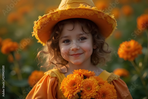 Vibrant Dia de Muertos Celebration with Child Dressed in Yellow and Marigold Flowers