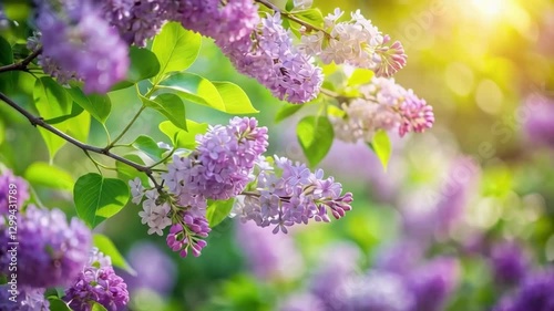 A common lilac flowering plant with purple flowers. Syringa vulgaris.