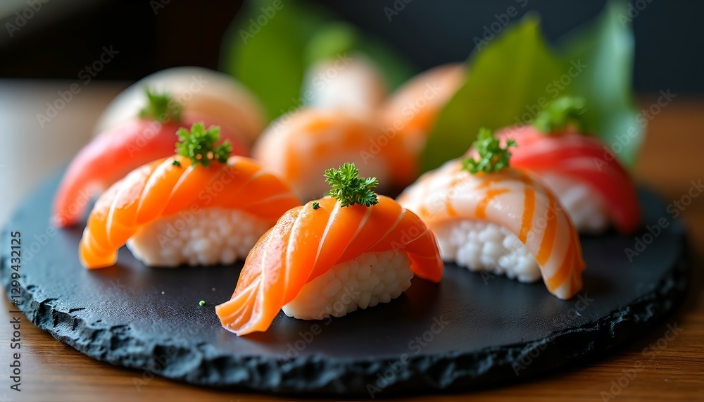 Assorted nigiri sushi with fresh salmon and tuna on a black slate plate Assorted nigiri sushi with fresh salmon and tuna on a black slate plate