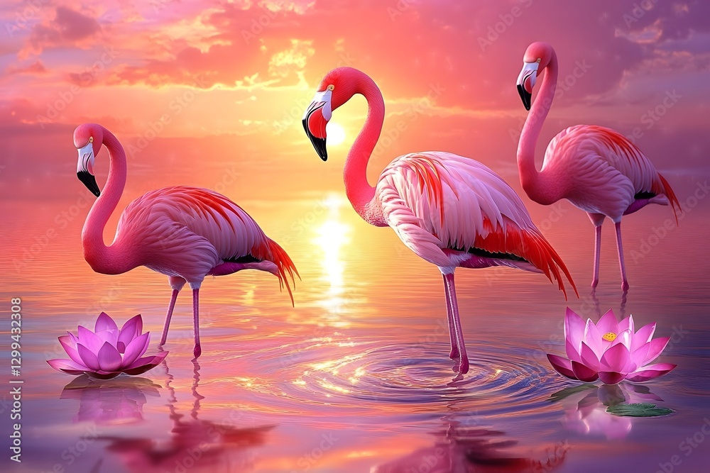Fototapeta premium Flamingos at Sunset by a Serene Lake with Lotus Flowers