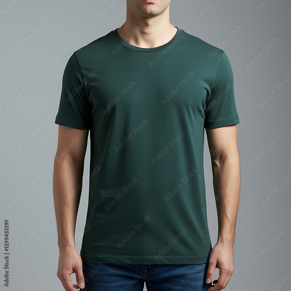 Man Wearing Green T-Shirt and Jeans in Studio Environment