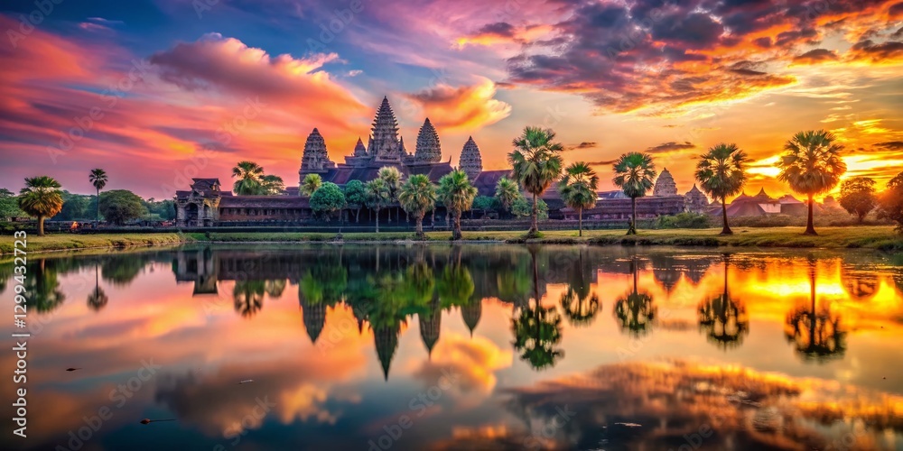 Obraz premium Angkor Wat Sunrise: Serene Water Ripple Panorama