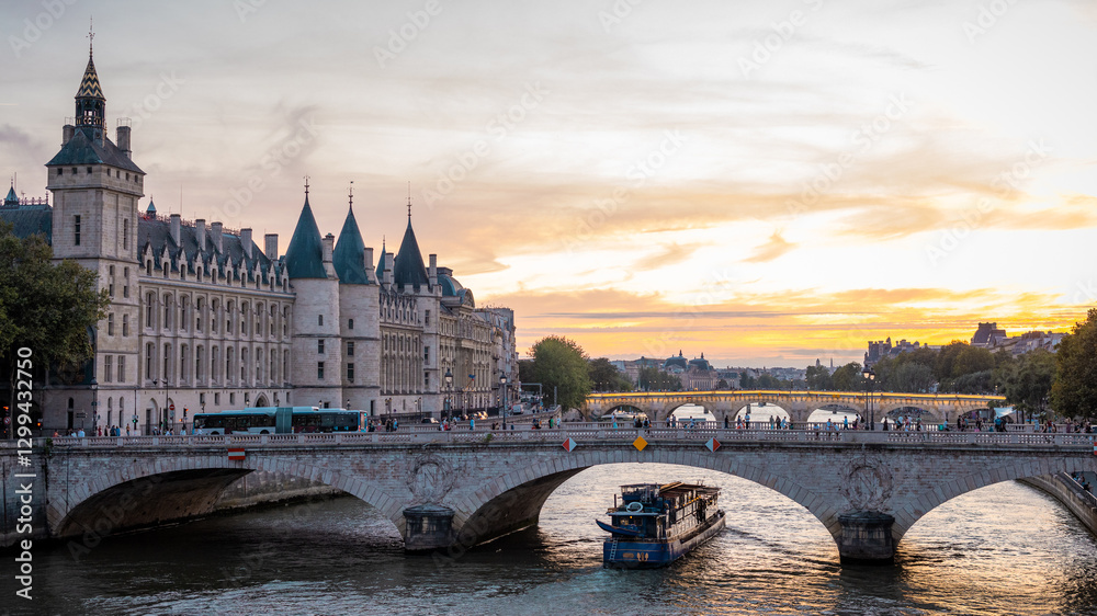 Lovely evening scene at the bridges over seine river in paris, with sun setting down in the distance. People and transport in direction of notre dame.