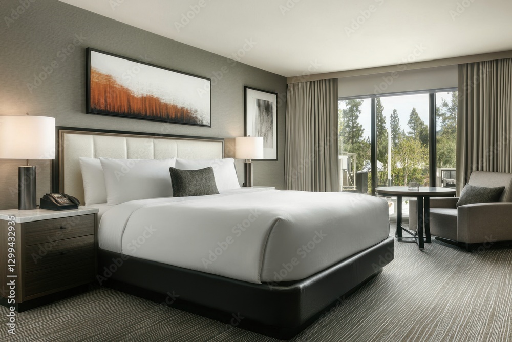 Modern hotel room with patio view, suitable for travel advertising Modern hotel room with patio view, suitable for travel advertising