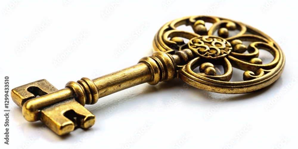 Antique Golden Key on White Background - Stock Photo Antique Golden Key on White Background - Stock Photo