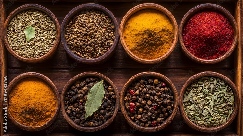 Vibrant Aromatic Spices in Wooden Bowls Top View Vibrant Aromatic Spices in Wooden Bowls Top View