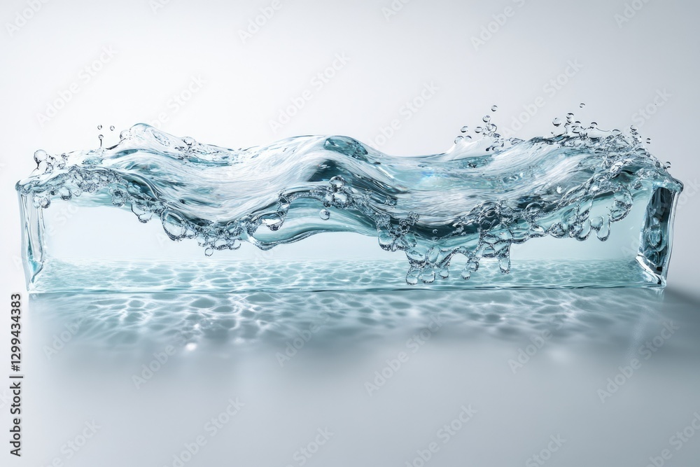 A wave of clear water crests within a glass block, showcasing its fluidity and transparency. A wave of clear water crests within a glass block, showcasing its fluidity and transparency.