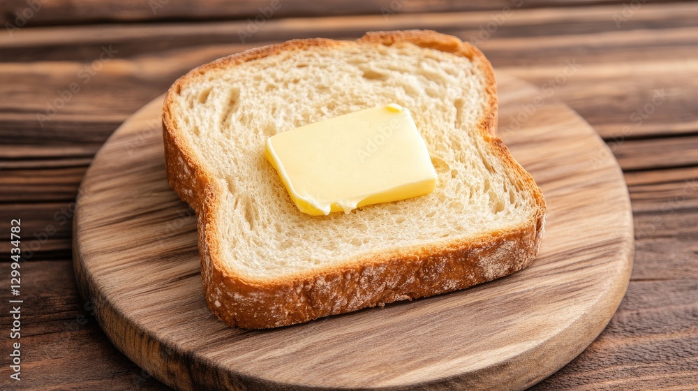 A slice of bread topped with a pat of butter on a wooden board. A slice of bread topped with a pat of butter on a wooden board.