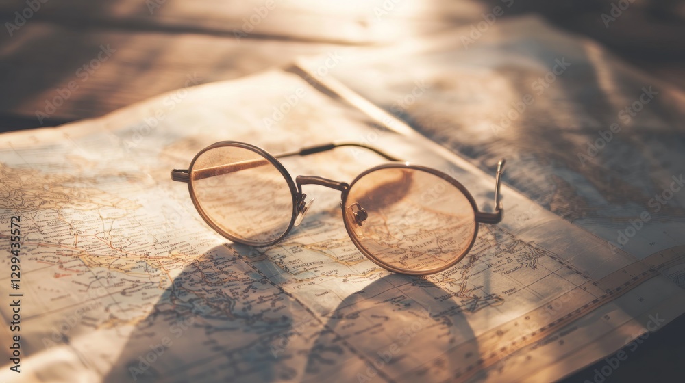 Round glasses rest on an old map in sunlight. Round glasses rest on an old map in sunlight.