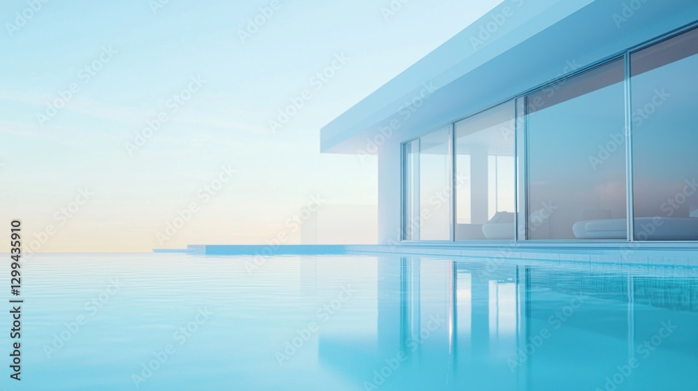 Obraz premium Modern minimalist house with infinity pool overlooking ocean.