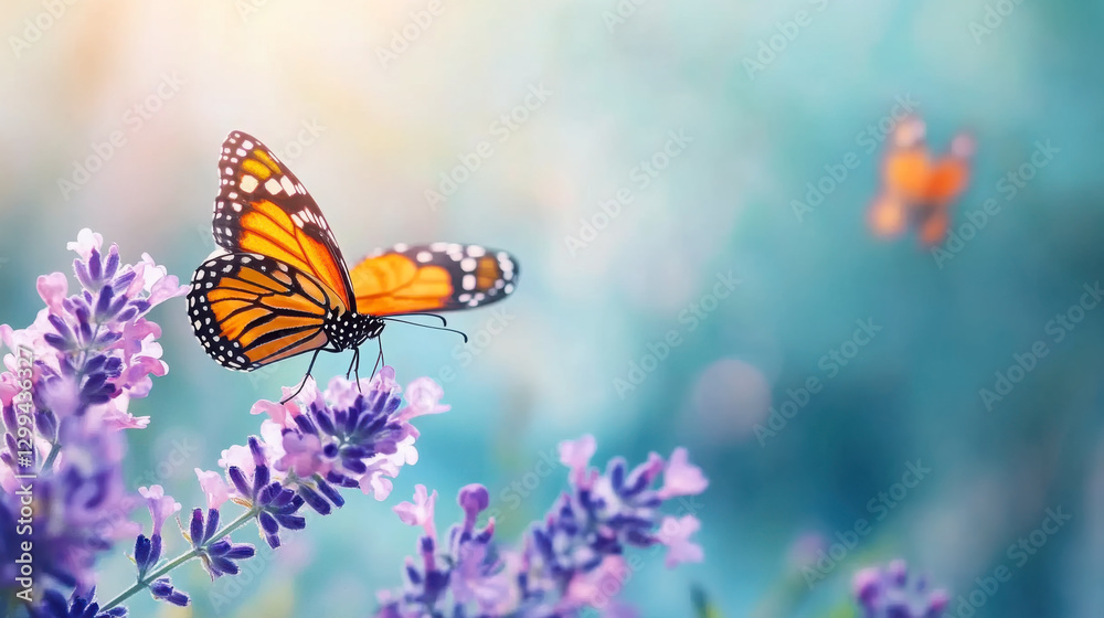 Obraz premium Monarch butterfly on lavender flowers in sunlit meadow