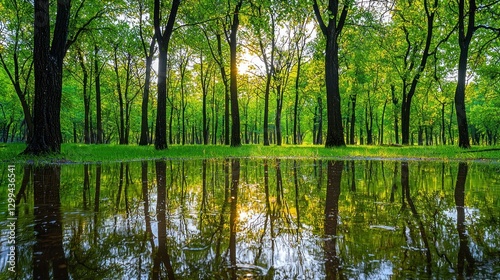 Lush green forest reflecting in a puddle after rain, sunlit.