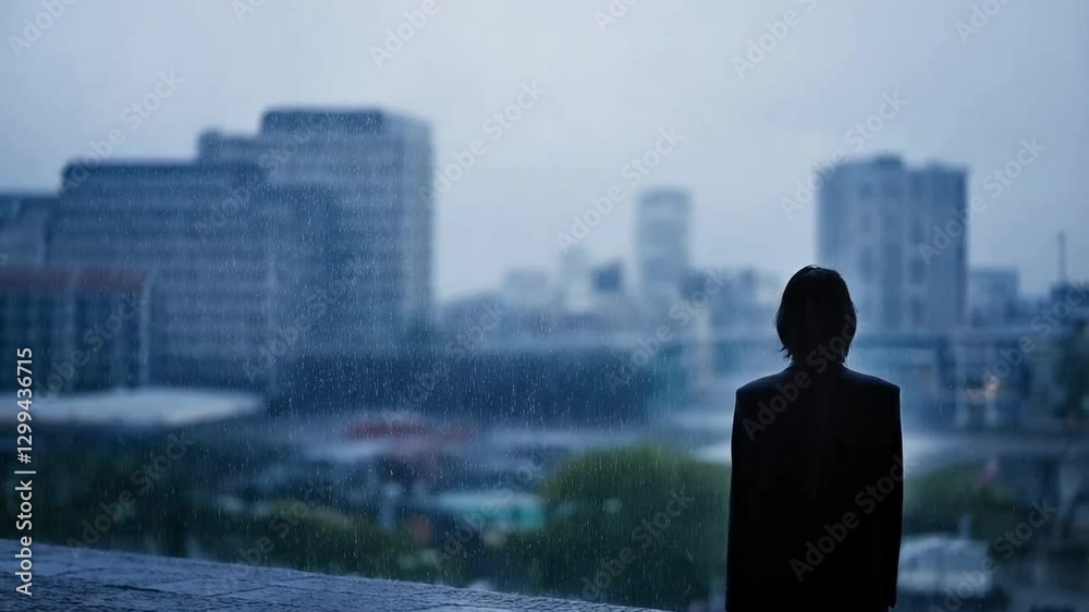 Silhouette Against Rainy City Skyline Showcasing Urban Solitude and Reflection During a Gloomy Day Silhouette Against Rainy City Skyline Showcasing Urban Solitude and Reflection During a Gloomy Day