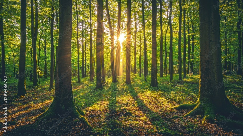 Fototapeta premium Sunbeams illuminate a lush green forest at sunrise.