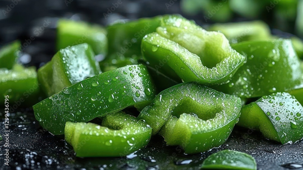Freshly chopped green peppers on a dark surface Freshly chopped green peppers on a dark surface