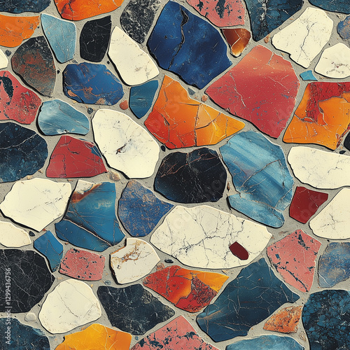 A high-resolution terrazzo pattern featuring bold, colorful stone chips set in a clean white or neutral base.