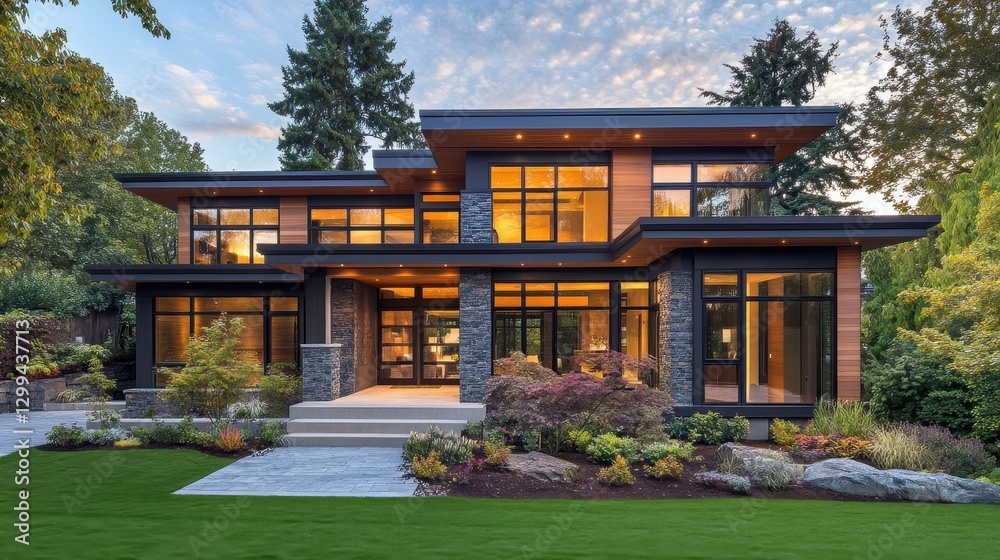 Modern two-story wooden house with large windows and lush greenery Modern two-story wooden house with large windows and lush greenery