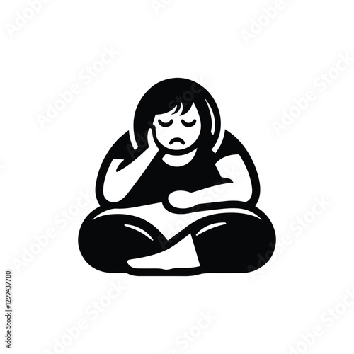 sad fat woman sitting, person female silhouette icon, obesity illustration, overweight girl isolated on transparent