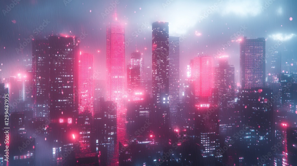 Fototapeta premium Futuristic city skyline glows with vibrant neon lights