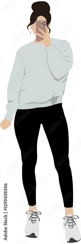 female mirror selfie in leggings and grey sweat top illustration female mirror selfie in leggings and grey sweat top illustration