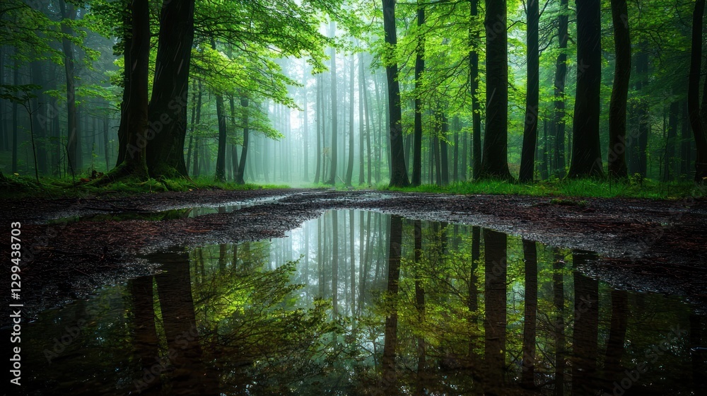 Fototapeta premium Misty forest path reflected in puddle.