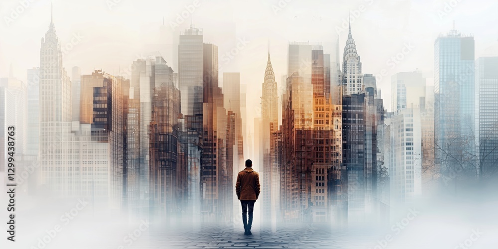 Exploring the urban landscape with a silhouette standing in the misty streets of New York City at dawn Exploring the urban landscape with a silhouette standing in the misty streets of New York City at dawn