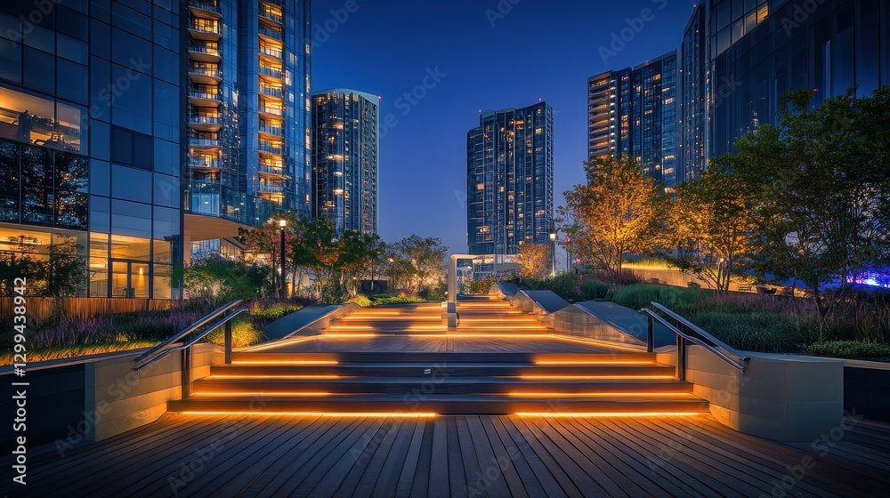 Fototapeta premium Modern urban park with illuminated steps and skyscrapers at night