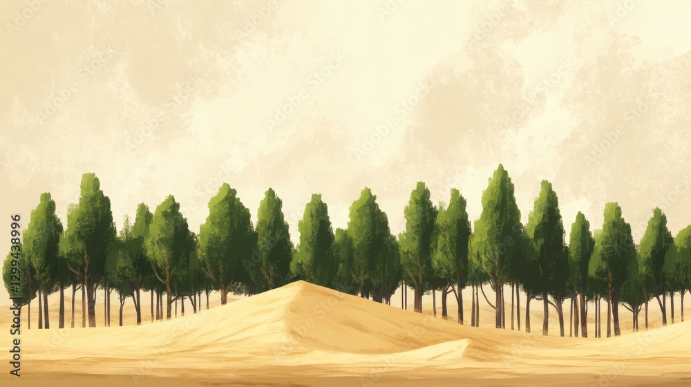 Fototapeta premium Pixel Art Desert Landscape With Rows Of Green Trees