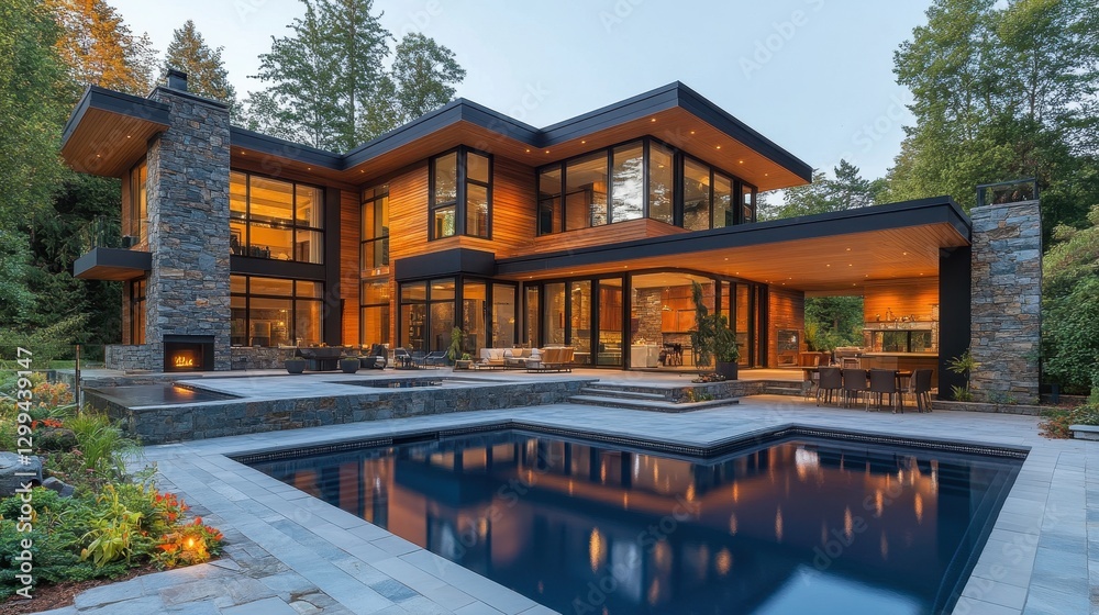 Modern luxury glass house with pool in serene forest setting Modern luxury glass house with pool in serene forest setting