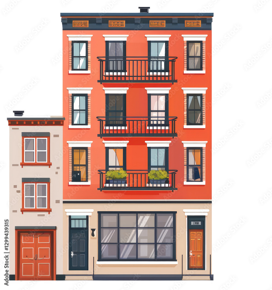 A colorful apartment building with balconies and varied doors A colorful apartment building with balconies and varied doors