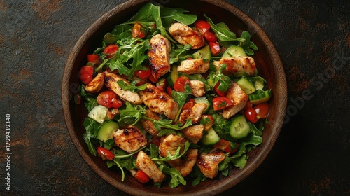 Grilled chicken arugula salad with cherry tomatoes and cucumber photo