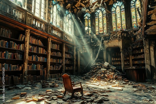 Deserted Library with Books Spilling from Shelves A grand library, left untouched for decades