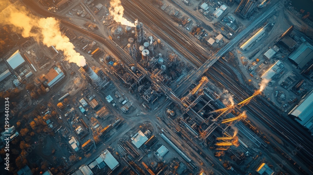 Obraz premium Aerial view of industrial factory complex with smoke emissions at sunset