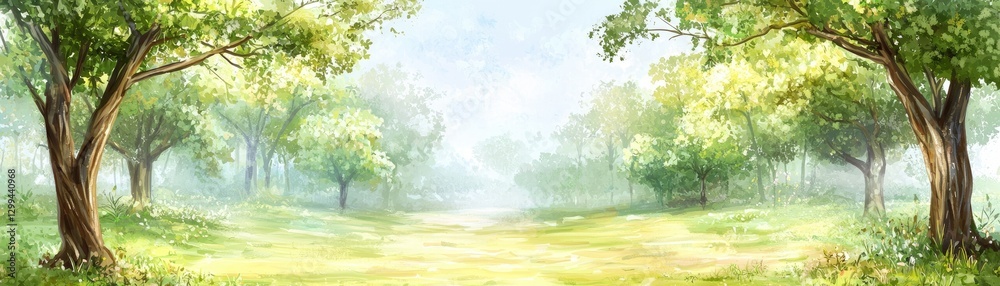 Sunlit forest path, misty morning, green trees, peaceful nature scene. Website background Sunlit forest path, misty morning, green trees, peaceful nature scene. Website background