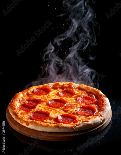 A realistic steaming pepperoni pizza against a dark background